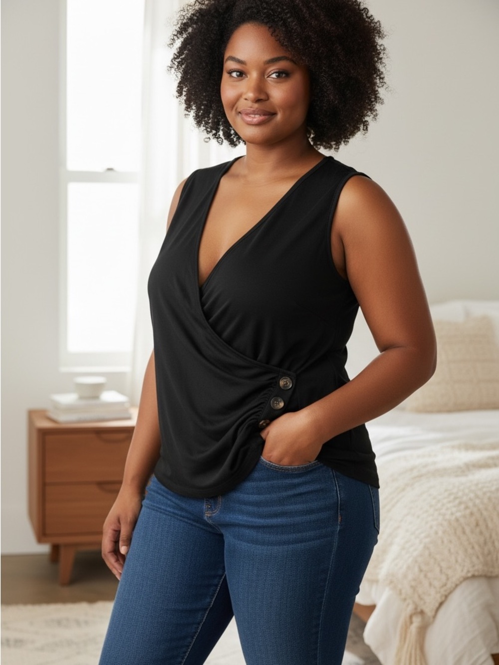 Sleeveless Faux-Wrap Black Women's Top